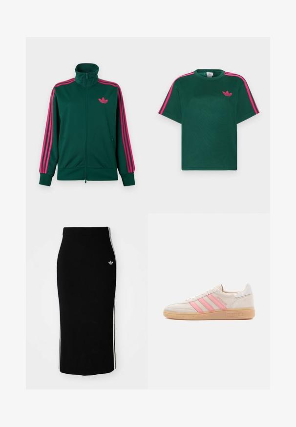 Dunkelgrüne Trainingsjacke mit Reißverschluss, hohem Kragen, auffälligen pinken Drei-Streifen-Details an den Ärmeln und pinkem Adidas-Trefoil-Logo auf der Brust.; Grünes T-Shirt mit kurzen Ärmeln, leuchtend pinken Streifen auf den Schultern und Adidas-Trefoil-Logo auf der Brust.; Schwarzer, gerippter Midikleid mit einem taillierten Design, das weiße Seitenstreifen und ein kleines weißes Emblem auf der linken Seite aufweist.; Beiger Wildleder-Sneaker mit pinkfarbenen drei Streifen an der Seite. Verfügt über eine strukturierte Gummisohle und einen weißen Fersenakzent. Minimalistisches Design.