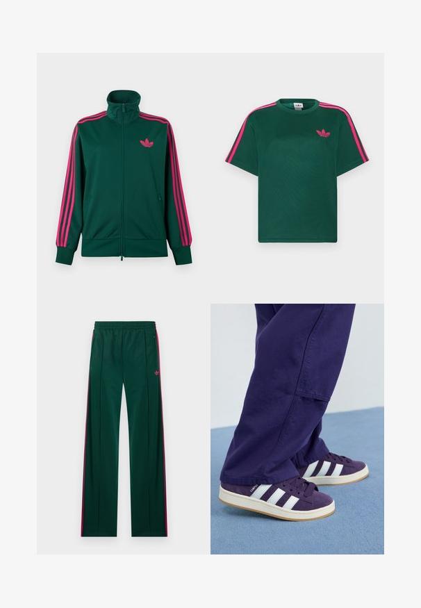 Tmavozelená športová bunda na zips s vysokým golierom, jasne ružové trojpruhové detaily na rukávoch a ružové logo Adidas trefoil na hrudi.; Zelené tričko s krátkym rukávom s jasnoružovými pruhmi na ramenách a logom Adidas trefoil na hrudi.; Tmavozelené tepláky s ružovými pruhmi po stranách, vreckami na zips, elastickým pásom a malým ružovým logom Adidas na pravej strane.; Fialové semišové tenisky s bielymi pruhmi a šnúrkami, so štruktúrovaným vrchom a svetlým gumovým podošvom.