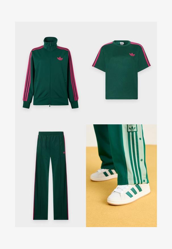 Tumeroheline lukuga dressipluus kõrge krae ja ere roosade triipudega varrukatel ning roosa Adidas trefoil logo rinnal.; Roheline lühikeste varrukatega T-särk, mille õlgadel on eredapinkid triibud ja rinnal Adidas kolmelehise ristikheina logo.; Tumedrohelised treeningpüksid roosade küljeribadega, lukuga taskud, elastse vöökohaga ja väike roosa Adidas logo paremal küljel.; Valged tennises jalatsid roheliste triipude, kummitalde ja tekstuurse ülemise osaga, koos roheliste treeningpükstega, millel on heledate roheliste külgtriipude ja nöppudega ääris.