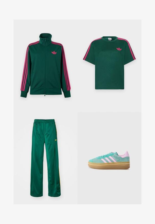 Donkergroene trainingsjack met ritssluiting en hoge kraag, met felroze drie-strepen design op de mouwen en een roze Adidas trefoil-logo op de borst.; Groen T-shirt met korte mouwen, helderroze strepen op de schouders en het Adidas trefoil-logo op de borst.; Groene satijnen sportbroek met een relaxte pasvorm, voorzien van gele streepaccenten en een geborduurd logo aan de linkerzijde. Elastische tailleband.; adidas Originals GAZELLE BOLD - Sneakers laag - powder teal/bliss lilac/pure teal