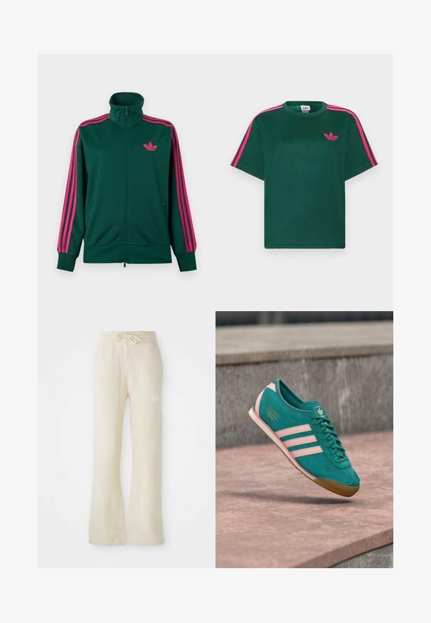 Mørkegrøn lynlås-træningsjakke med høj krave, lyserøde tre-stribe detaljer på ærmerne og lyserødt Adidas trefoil-logo på brystet.; Grøn kortærmet t-shirt med lyserøde striber på skuldrene og Adidas trefoil-logo på brystet.; Cremefarvede sweatpants med en blød tekstur, featuring en snoretræk i taljen og flair ben. Diskret logo detalje på venstre hofte.; Turkis ruskind sneaker med pink striber, struktureret overdel og gulddetaljer med logo. Lys brun gummisål, klassisk design og snørebåndslukning.
