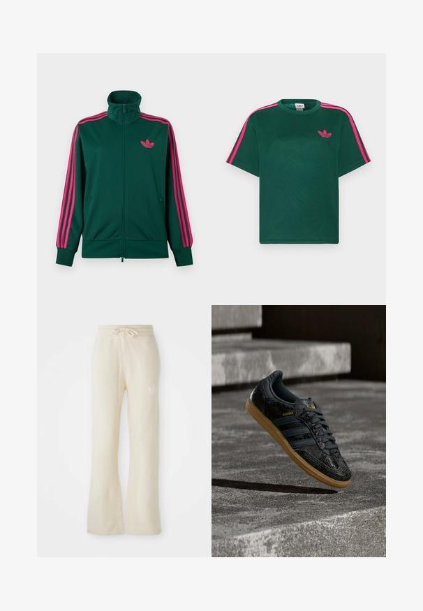 Mørkegrøn lynlås-træningsjakke med høj krave, lyserøde tre-stribe detaljer på ærmerne og lyserødt Adidas trefoil-logo på brystet.; Grøn kortærmet t-shirt med lyserøde striber på skuldrene og Adidas trefoil-logo på brystet.; Cremefarvede sweatpants med en blød tekstur, featuring en snoretræk i taljen og flair ben. Diskret logo detalje på venstre hofte.; Sort Adidas Samba-sneaker med struktureret mønster, gummisål og guldlogo, placeret i luften over betontrin.