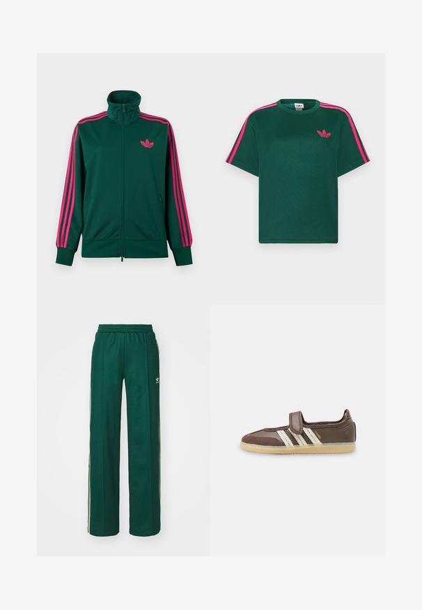 Tmavozelená športová bunda na zips s vysokým golierom, jasne ružové trojpruhové detaily na rukávoch a ružové logo Adidas trefoil na hrudi.; Zelené tričko s krátkym rukávom s jasnoružovými pruhmi na ramenách a logom Adidas trefoil na hrudi.; Tmavohnedé športové nohavice s voľným strihom, s nastaviteľným pásom na šnúrku, postrannými vreckami a smotanovými pruhmi po stranách.; Hnedá teniska s béžovou gumovou podrážkou, tromi bielymi pásikmi na boku a jedným suchým zipsom na vrchu.