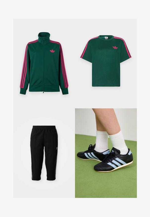 Tumeroheline lukuga dressipluus kõrge krae ja ere roosade triipudega varrukatel ning roosa Adidas trefoil logo rinnal.; Roheline lühikeste varrukatega T-särk, mille õlgadel on eredapinkid triibud ja rinnal Adidas kolmelehise ristikheina logo.; Mustad mustrid spordipüksid elastse vöökohtaga, külgedel lukk-kotid ja valged aktsenttriibud õmbluste ääres. Valmistatud siledast ja vastupidavast materjalist.; Mustad mustad jalanõud mustast nahast, millel on helebeežid triibud, tekstureeritud pealsed ja kummitald, koos valgete ribadega sokkidega rohelisel põrandal.