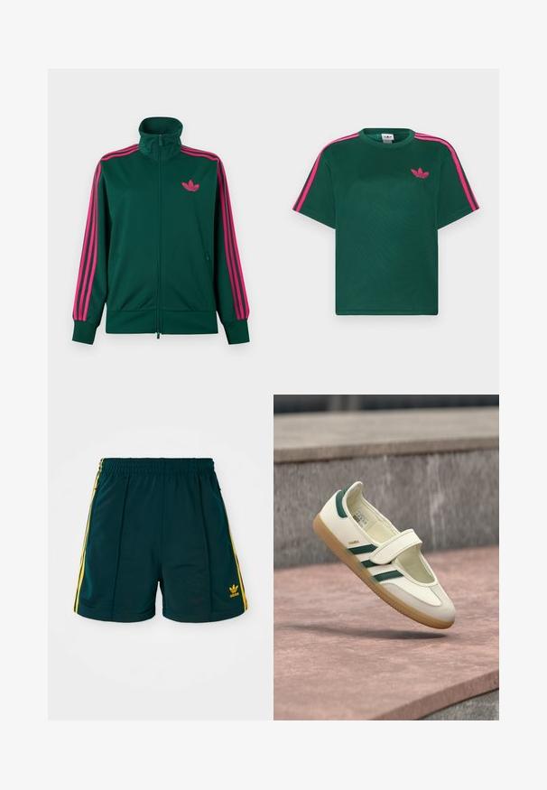 Mørkegrøn lynlås-træningsjakke med høj krave, lyserøde tre-stribe detaljer på ærmerne og lyserødt Adidas trefoil-logo på brystet.; Grøn kortærmet t-shirt med lyserøde striber på skuldrene og Adidas trefoil-logo på brystet.; Mørkegrønne sportsshorts med elastisk talje, prydet med gule sidelister og et broderet gult logo på underbenet.; Hvid lædersko med grønne striber, rund tå, fastgjort med en rem. Gummisål, minimalistisk design, hævet syning langs de øvre kanter.