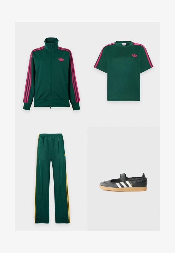 Tmavě zelená sportovní bunda na zip s vysokým límcem, jasně růžovými proužky na rukávech a růžovým logem Adidas trefoil na hrudi.; Zelené tričko s krátkými rukávy s jasně růžovými pruhy na ramenou a logem Adidas trefoil na hrudi.; Zelené sportovní kalhoty se žlutými pruhy po stranách, elastickým pasem a dvěma bočními kapsami. Vyrobené z hladkého, lehkého materiálu.; Černé kožené a semišové tenisky s páskem na suchý zip, s třemi bílými pruhy a gumovou podrážkou, označené "SAMBA" na boku.