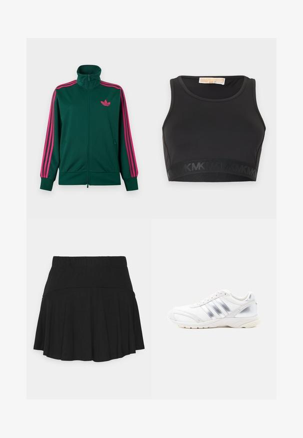 Tumma vihreä vetoketjullinen urheilutakki, jossa on korkea kaulus, kirkkaan pinkit kolmiraitaiset yksityiskohdat hihoissa ja pinkki Adidas-trefoil-logo rinnassa.; Musta urheiluliivit, jotka on valmistettu sileästä kankaasta. Niissä on pyöreä pääntie ja alareunassa logoa korostava elastinen nauha.; Musta, liehuva mini-hame, joka on valmistettu pehmeästä ja joustavasta kankaasta, mukavalla elastisella vyötäröllä ja sileällä helmaa. Ei lisäkuvioita tai koristeita.; Valkoinen urheilukenkä hopeanvärisillä yksityiskohdilla, teksturoitua päällismateriaalia, kolmiraitainen muotoilu ja paksu kumipohja.
