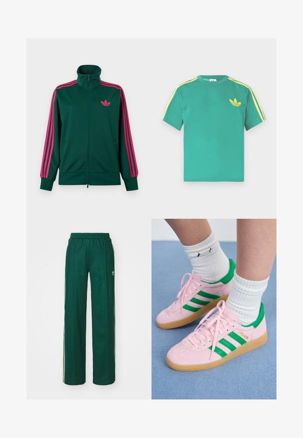 Chaqueta deportiva de cremallera verde oscuro con cuello alto, detalles de tres franjas rosa brillante en las mangas y logotipo trefoil rosa de Adidas en el pecho.; Camiseta de algodón verde con mangas cortas, con rayas amarillas a lo largo de los hombros y un logo bordado de tres hojas en el pecho.; Pantalones deportivos de color verde oscuro con un corte relajado, que cuentan con una cintura con cordón, bolsillos laterales y franjas color crema a lo largo de los costados.; Zapatillas de ante rosa con rayas y acentos verdes, que cuentan con una suela de goma. Usadas con calcetines blancos de canalé. La vista en primer plano enfatiza los detalles.