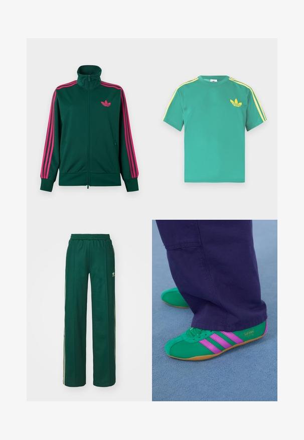 Tumeroheline lukuga dressipluus kõrge krae ja ere roosade triipudega varrukatel ning roosa Adidas trefoil logo rinnal.; Roheline puuvillane T-särk lühikeste varrukatega, kollaste triipudega õlgadel ja rinnal tikitud kolmelehine logo.; Tumed roheline sportlikud püksid, mis on lõdvema lõikega, koos paelaga vöökohas, küljetaskute ja kreemjate triipudega külgedel.; Rohelised ja lillad sametist spordijalatsid kolme triibuga kaunistatud ning kummist tallaga, kombineerituna lillade pükstega pehmest sinisest pinnast.