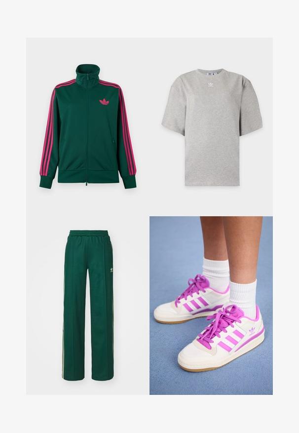 Tumeroheline lukuga dressipluus kõrge krae ja ere roosade triipudega varrukatel ning roosa Adidas trefoil logo rinnal.; Helehall Adidas lühikeste varrukatega t-särk, ümara kaelusega ja väikese valge Adidas logoga rinnal, esitatud lihtsal taustal.; Tumed roheline sportlikud püksid, mis on lõdvema lõikega, koos paelaga vöökohas, küljetaskute ja kreemjate triipudega külgedel.; Valged sneaksid roosa aktsentide ja paeltega, millel on kolm horisontaalset roosat triipu ja kummist tald. Puuvillased sokid on nähtavad üle pahkluu.