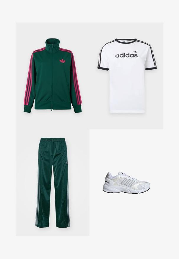 Chaqueta deportiva de cremallera verde oscuro con cuello alto, detalles de tres franjas rosa brillante en las mangas y logotipo trefoil rosa de Adidas en el pecho.; Camiseta blanca de algodón con detalles en negro, presenta un cuello redondo, mangas cortas, tres rayas negras en los hombros y el logo "adidas" en negro.; Pantalones deportivos de color verde oscuro, hechos de un material brillante, con franjas laterales en gris claro y un logotipo bordado en la pierna izquierda.; Zapato deportivo blanco con malla transpirable y materiales sintéticos, tres franjas plateadas, suela de caucho texturizada y cuello acolchado.