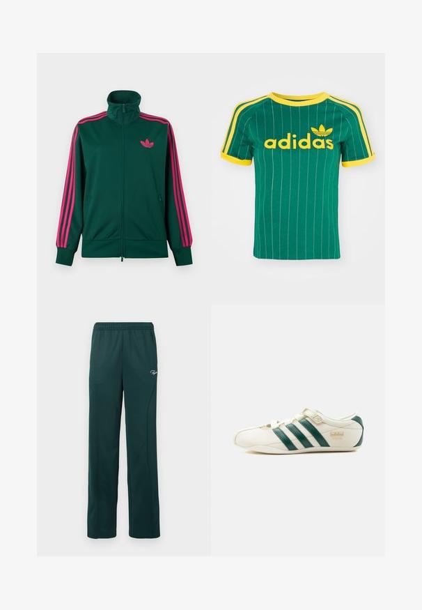 Chaqueta deportiva de cremallera verde oscuro con cuello alto, detalles de tres franjas rosa brillante en las mangas y logotipo trefoil rosa de Adidas en el pecho.; Camiseta de algodón verde con rayas blancas verticales, detalles amarillos y el logo de "adidas" en fuente amarilla. Diseño de manga corta y cuello redondo.; Pantalones de chándal verde oscuro hechos de una tela suave, con una cintura elástica y costuras laterales, y un pequeño logo en la parte delantera.; Zapatilla blanca con franjas verdes, una correa de velcro y el texto "Tokio" en el lateral, vista desde el lado exterior sobre un fondo blanco.
