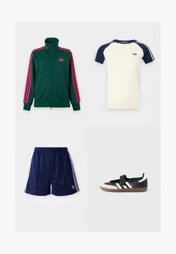 Tmavozelená športová bunda na zips s vysokým golierom, jasne ružové trojpruhové detaily na rukávoch a ružové logo Adidas trefoil na hrudi.; Krémová košeľa s krátkym rukávom a námorníckomodrými raglánovými rukávmi, biele pruhy na rukávoch a malým čiernym logom Adidas na hrudi.; Námorné športové šortky vyrobené z ľahkého materiálu, s bielymi bočnými pruhmi a vyšívaným logom na dolnej ľavej strane. Elastický pás.; Čierna a béžová teniska s pásikom na suchý zips, tromi bielymi pruhmi na boku a štruktúrovanou hnedou gumovou podrážkou. Viditeľné logo značky.