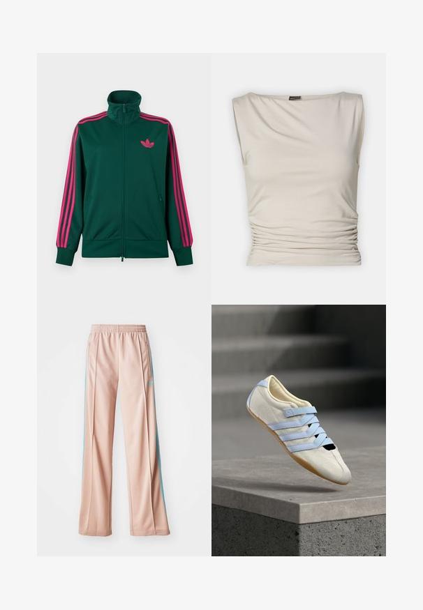 Mørkegrøn lynlås-træningsjakke med høj krave, lyserøde tre-stribe detaljer på ærmerne og lyserødt Adidas trefoil-logo på brystet.; Gina Tricot SOFT TOUCH BOATNECK TOP - Top - pumice stone; Lyserøde sportspants med afslappet pasform, der har blå sidestriber og en snoretræk i taljen. Fremstillet af glat, letvægtsstof.; Hvid ruskindsko med lyseblå remme, sort tåhætte og gummisål. Har præget blomsterdesign på overdelen.