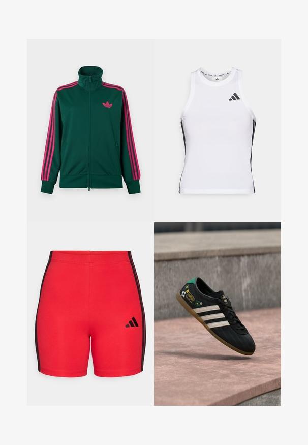 Mørkegrøn lynlås-træningsjakke med høj krave, lyserøde tre-stribe detaljer på ærmerne og lyserødt Adidas trefoil-logo på brystet.; Hvid athletic tanktop med sorte sideaccentuer og logo. Har en scoop-neckline og tætsiddende design, lavet af letvægts, åndbart materiale.; Røde atletiske shorts lavet af strækbart stof, med sorte sidelæder og et lille sort logo nederst til venstre. Glat tekstur, tætsiddende design.; Sort atletiksko med hvide striber, mønstret overdel med blomsterdetaljer og en grøn hæl. Gummisål, der giver godt greb.