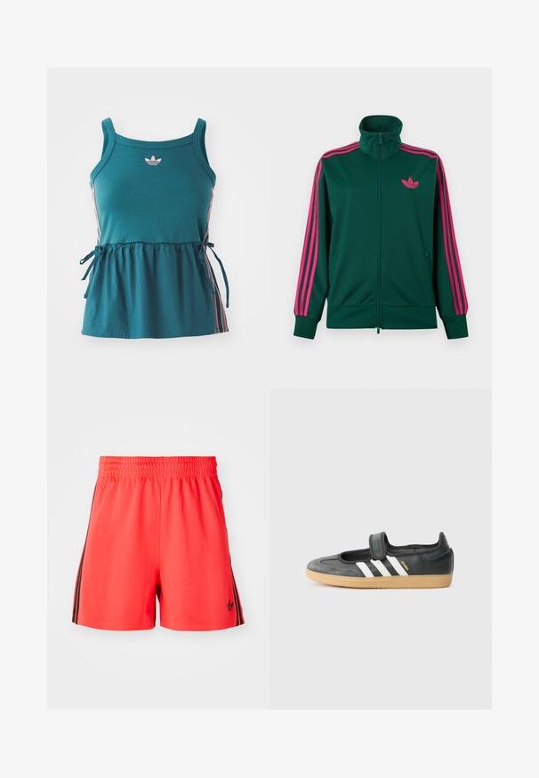 Tmavozelená športová bunda na zips s vysokým golierom, jasne ružové trojpruhové detaily na rukávoch a ružové logo Adidas trefoil na hrudi.; Tyrkysový bezrukávový top so zhromaždeným pásom, ružovými bočnými pruhmi a vyšitým logom. Vyrobený z mäkkého materiálu s voľným strihom a viazanými detailmi.; Červené športové šortky vyrobené z ľahkého materiálu s elastickým pásom, s tromi čiernymi vertikálnymi pruhmi po bokoch a logom.; Čierne kožené a zamšové tenisky s Velcro pásikom, s tromi bielymi pruhmi a gumenou podrážkou, označené nápisom "SAMBA" na boku.