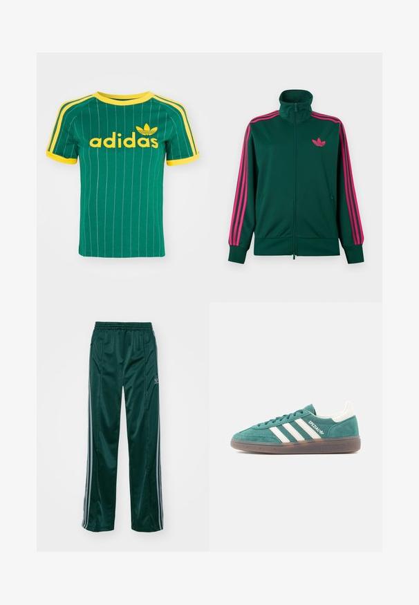 Mørkegrøn lynlås-træningsjakke med høj krave, lyserøde tre-stribe detaljer på ærmerne og lyserødt Adidas trefoil-logo på brystet.; Grøn bomulds T-shirt med lodrette hvide striber, gule accenter og "adidas" logo i gul skrift. Kortærmet og rund hals design.; Mørkegrønne træningsbukser lavet af skinnende materiale, med sidelister i lys grå og et broderet logo på venstre ben.; Grøn ruskindsneakers med hvide læderdetaljer og tre hvide striber. Indeholder en gummisål og polstret krave for komfort.