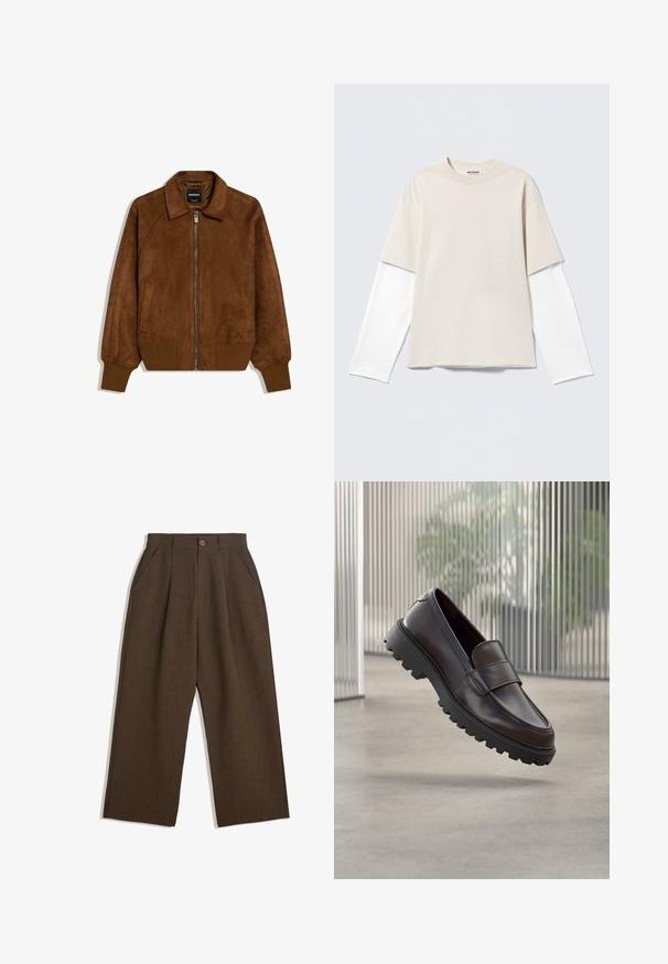 Blouson aviateur en daim marron avec fermeture éclair frontale, poignets et ourlet côtelés, col pointu et poches latérales, à plat sur fond blanc.; T-shirt beige à manches courtes superposé sur un t-shirt blanc à manches longues avec un col rond et une étiquette "WEEKDAY" à l'intérieur du col.; Pantalons plissés marron au design large, avec une fermeture à bouton et des poches latérales, en tissu texturé adapté à une tenue décontractée.; Chaussure à enfiler en cuir marron avec un bout rond et une semelle en caoutchouc noire robuste. Présente une bride décorative traversant le coup de pied.