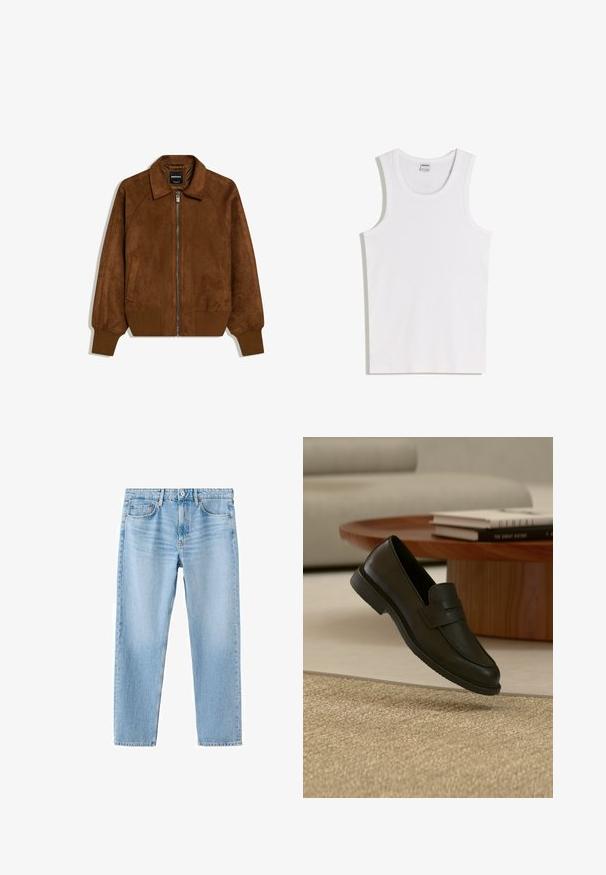 Blouson aviateur en daim marron avec fermeture éclair frontale, poignets et ourlet côtelés, col pointu et poches latérales, à plat sur fond blanc.; Débardeur blanc en coton avec un col rond et de larges bretelles. Texture lisse, sans motifs ni accents, design simple.; Jean en denim bleu clair à coupe droite, design à cinq poches, avec un léger effet délavé. Doté d'un bouton supérieur et d'une braguette zippée.; Chaussure mocassin en cuir noir présentée en suspension au-dessus d'un tapis beige tissé, avec une table en bois et des livres empilés dans un salon doucement éclairé.