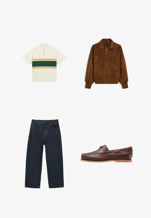 Blouson aviateur en daim marron avec fermeture éclair frontale, poignets et ourlet côtelés, col pointu et poches latérales, à plat sur fond blanc.; Polo en maille à manches courtes de couleur crème avec tissu texturé, rayures horizontales vertes, jaunes et blanches sur la poitrine, et deux boutons sur le devant.; Jean en denim bleu foncé taille haute, coupe droite, avec poches avant, fermeture à boutons, et coutures apparentes.; Chaussure bateau en cuir marron avec coutures blanches, détails de lacets et semelle en caoutchouc beige, vue de côté sur fond blanc.