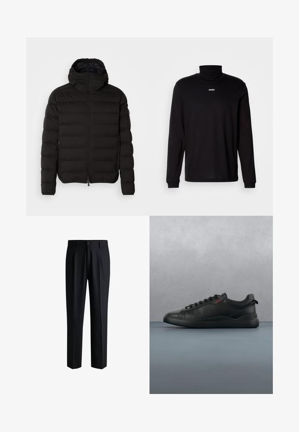 Zwarte pufferjack met hoge kraag, ritsluiting en zijzakken. Beschikt over een gewatteerd patroon en een gladde, matte textuur.; Zwarte turtleneckshirt met lange mouwen, gemaakt van soepel materiaal, met een witte "HUGO" logo op de borst, en met aansluitende manchetten en zoom.; Zwarte broek van gladde stof, met een rechte pijpdesign, plooien aan de voorkant en een knoopsluiting met riemlussen.; HUGO BLAKE - Sneakers laag - black