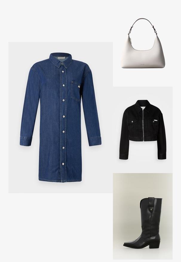 Sort cropped denimjakke med krave, frontlynlås og to brystlommer, med metallknapper og logoaccent.; Denim skjortekjole i mørkeblå, med knaplukning foran, lange ærmer, krave og en brystlomme. Glat tekstur med en klassisk pasform.; Høj sort læder cowboystøvle med spids tå, kraftig hæl og trækstrop med lille gyldent logo.; Cremefarvet skuldertaske i læder fra Calvin Klein med buet topkant, sølvfarvet lynlås og mørkebrun justerbar rem.