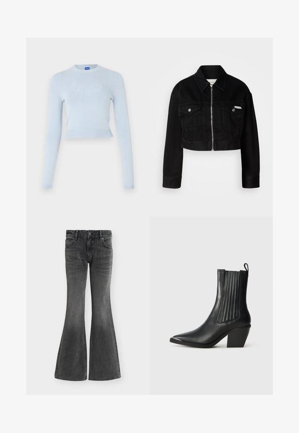 Veste en denim noire raccourcie avec un col, fermeture éclair à l'avant et deux poches poitrine, dotée de boutons métalliques et d'une accentuation de logo.; Pull court bleu clair avec des manches longues. Présente un col et un ourlet côtelés, avec un logo texturé subtil sur le devant.; Jean en denim noir avec fines rayures verticales, poches avant, fermeture par boutons et jambes larges évasées.; Botte noire en cuir jusqu'à la cheville avec un bout pointu, des panneaux latéraux côtelés, et un talon épais, sur un fond en carreaux texturés.