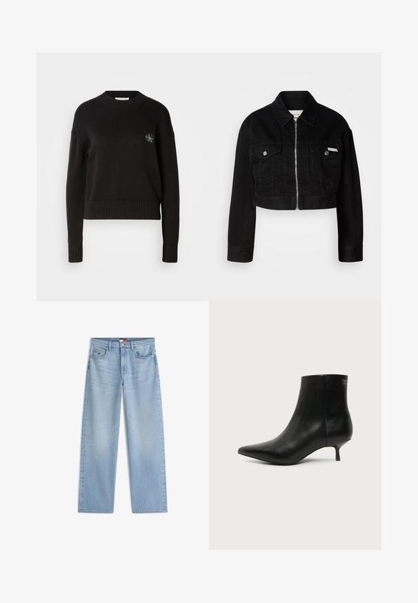 Chaqueta de mezclilla negra cortada con cuello, cremallera frontal y dos bolsillos en el pecho, con botones metálicos y un acento de logo.; Suéter de punto negro con cuello redondo, puños acanalados y dobladillo. Presenta un pequeño parche de logo cuadrado en el lado izquierdo del pecho. Corte casual.; Vaqueros vaqueros de pierna recta de color azul claro con bolsillos delanteros, trabillas para cinturón y cierre de botón y cremallera.; Botín de piel negra con puntera puntiaguda y tacón bajo estilo kitten sobre fondo claro, mostrando vista lateral exterior.