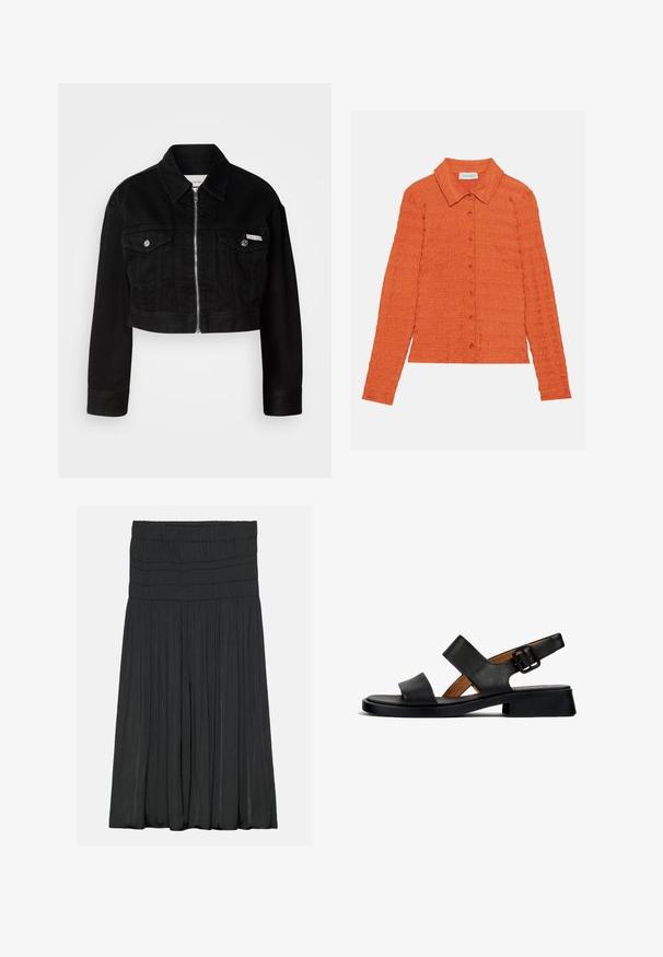 Chaqueta de mezclilla negra cortada con cuello, cremallera frontal y dos bolsillos en el pecho, con botones metálicos y un acento de logo.; Camisa de manga larga naranja con una textura de tela, botón en la parte delantera y un cuello clásico. Presenta sutiles detalles arrugados en toda la prenda.; Falda plisada negra hecha de un tejido suave, con una cinturilla elástica y detalles fruncidos, que llega hasta la rodilla.; Sandalia de cuero negro con dos correas horizontales y una correa en el tobillo con hebilla. Suela plana y texturizada con un ligero tacón y un acabado suave.