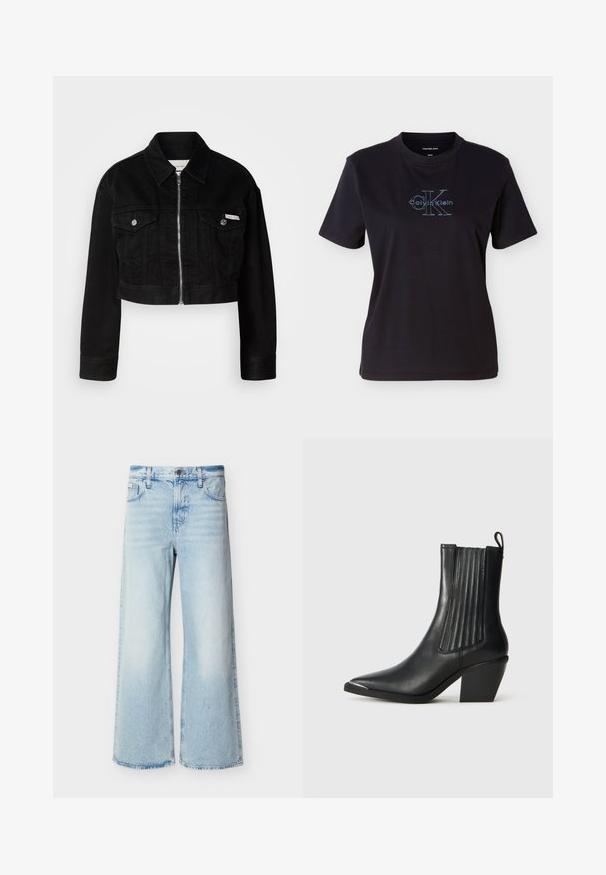 Sort cropped denimjakke med krave, frontlynlås og to brystlommer, med metallknapper og logoaccent.; Sort bomulds-T-shirt med korte ærmer og rund hals. Fronten viser et blåt Calvin Klein-logo med karakteristisk tekst.; Lyseblå højtaljede viddeben jeans med forlommer, bæltestropper og knaplukning.; Sort læder ankelstøvle med spids tå, ribbede sidepaneler og en kraftig hæl, placeret på en struktureret fliseoverflade.
