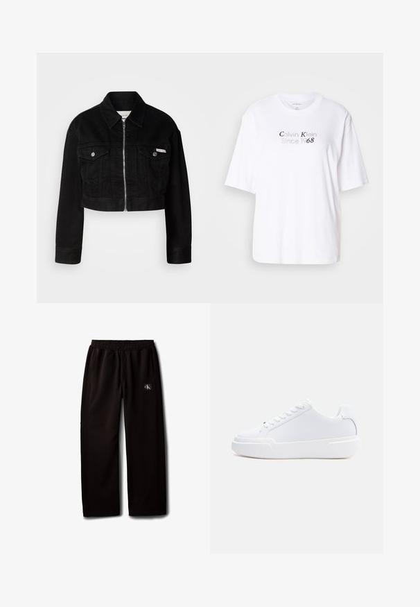 Sort cropped denimjakke med krave, frontlynlås og to brystlommer, med metallknapper og logoaccent.; Hvid bomulds T-shirt med rund hals og korte ærmer. Har grå tekst "Calvin Klein Since 1968" centreret foran.; Sorte vidde bukser med elastisk taljebånd og sidelommer, med en lille Calvin Klein-logo patch på højre lår.; Hvid lavtop-sneaker med snørelukning, tyk sål og glat overdel, vist fra ydersiden mod en ensartet lys baggrund.
