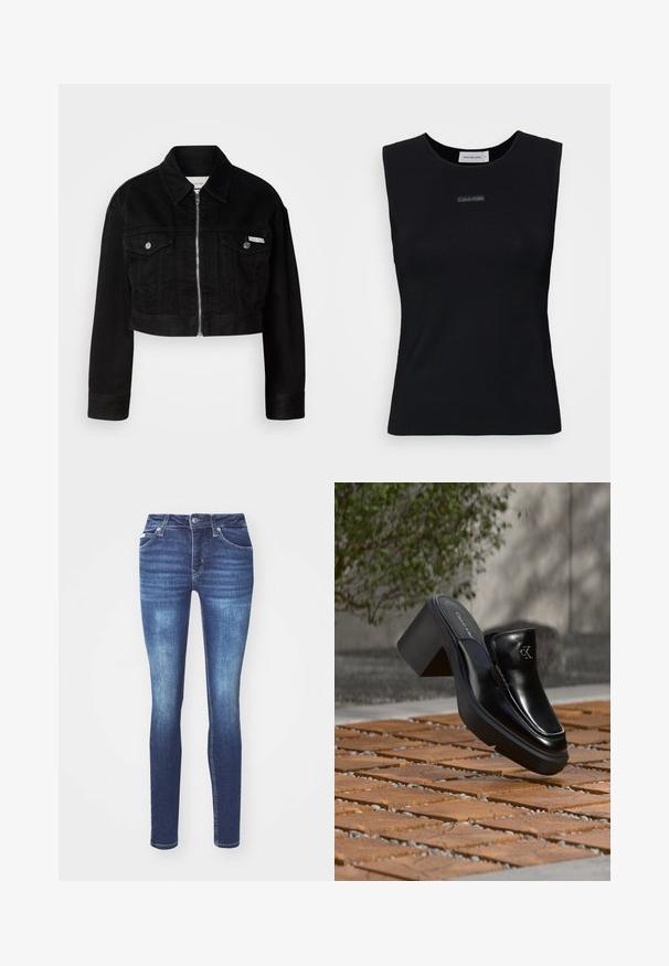 Čierna cropped džínová bunda s golierom, predným zipsom a dvoma náprsnými vreckami, s kovovými gombíkmi a akcentom loga.; Čierny bezrukávový top vyrobený z hladkej látky. Má okrúhly výstrih a malé logo Calvin Klein na strede. Jednoduchý a priliehavý dizajn.; Chudé džínsy v tmavom washu, s stredným pásom, piatimi vreckami a jemným vyblednutím na stehnách.; Čierne kožené šľapky Calvin Klein s blokovým podpätkom, ktoré oddychujú na drevených dlaždiciach vonku blízko zelenej rastliny a šedej steny.