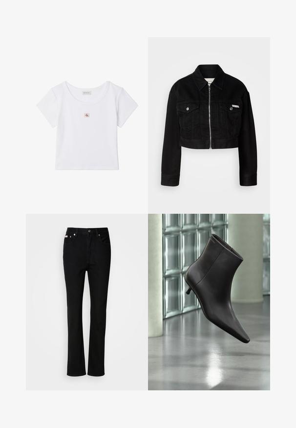 Chaqueta de mezclilla negra cortada con cuello, cremallera frontal y dos bolsillos en el pecho, con botones metálicos y un acento de logo.; Top corto blanco de manga corta con escote redondo y un pequeño logo de Calvin Klein en rojo y negro centrado en el pecho.; Vaqueros negros de pierna recta con botón y cremallera en la parte delantera, pasadores para cinturón y estilo de cinco bolsillos.; Bota de cuero negro para el tobillo con puntera puntiaguda y tacón pequeño, exhibida frente a una pared de bloques de vidrio y un suelo pulido.