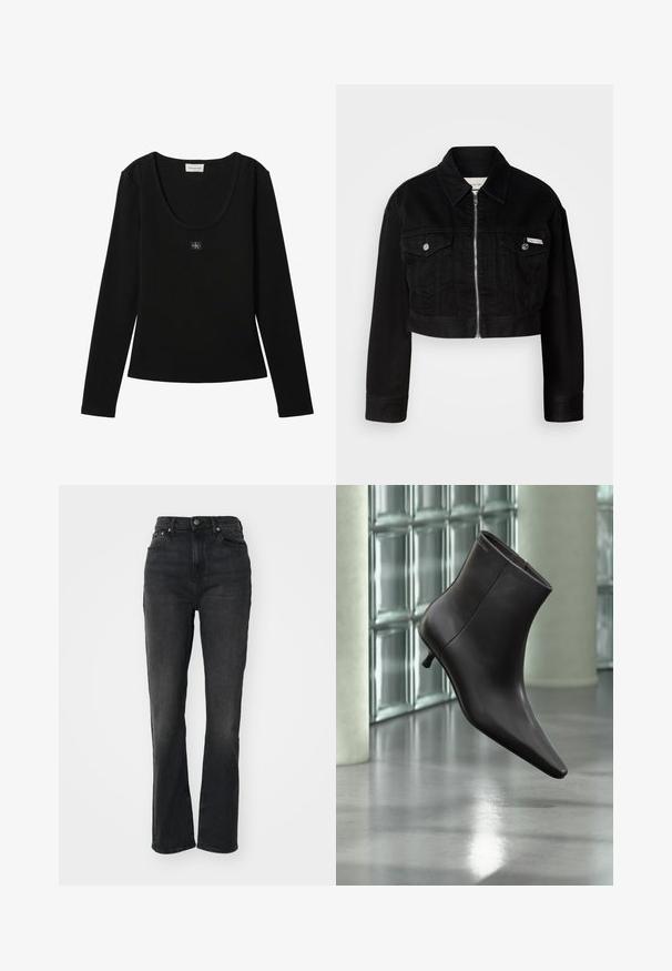 Sort cropped denimjakke med krave, frontlynlås og to brystlommer, med metallknapper og logoaccent.; Sort langærmet ribbet top med rund halsudskæring og lille Calvin Klein logo patch centreret på brystet.; Højtaljede sorte denim jeans med lige ben, fem-lomme design, frontlukning med knap og minimal syning.; Sort læderankelstøvle med spids tå og lille hæl vist mod en væg af glasblokke og poleret gulv baggrund.