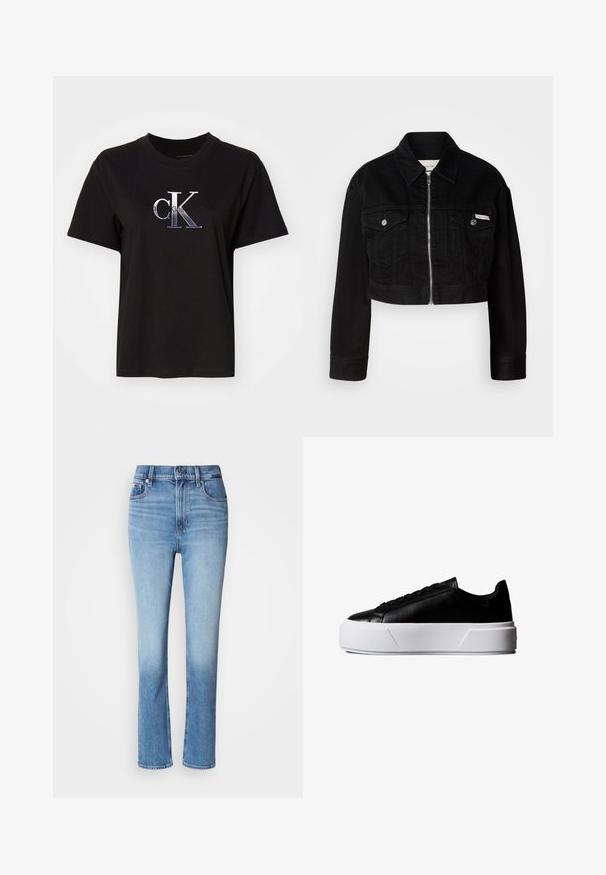 Sort cropped denimjakke med krave, frontlynlås og to brystlommer, med metallknapper og logoaccent.; Sort bomulds T-shirt med rund hals. Har et sølv broderet "cK" logo og teksten "Calvin Klein Jeans" under logoet. Korte ærmer.; Blå denimjeans med høj talje, lige ben-design, falmede farvegradient og fem-lomme stil. Metalknap- og lynlås-lukning.; Sort lavt snøresko med tyk hvid platformsål og sorte snørebånd, sideprofil mod hvid baggrund.