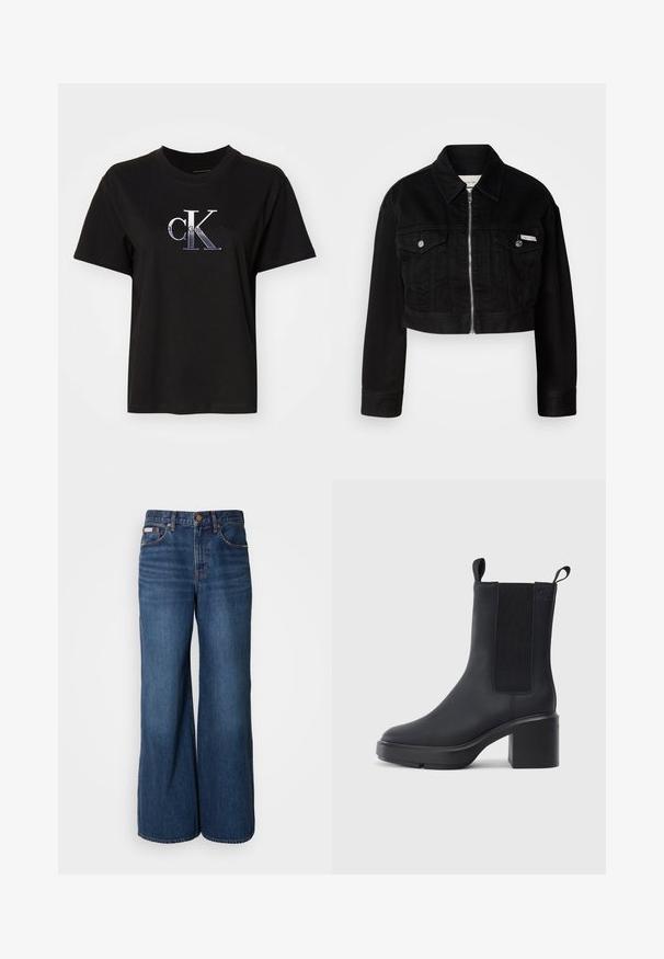Chaqueta de mezclilla negra cortada con cuello, cremallera frontal y dos bolsillos en el pecho, con botones metálicos y un acento de logo.; Camiseta de algodón negra con cuello redondo. Presenta un logo bordado en plata de "cK" y el texto "Calvin Klein Jeans" debajo del logo. Mangas cortas.; Vaqueros de pierna ancha hechos de denim azul oscuro. Incluyen una cintura alta, cinco bolsillos y costuras en contraste de color naranja a lo largo de las costuras.; Botín negro de tobillo hecho de un material de goma liso, con paneles laterales elásticos, tacón bloque y tiradores en la parte superior para facilitar su uso.