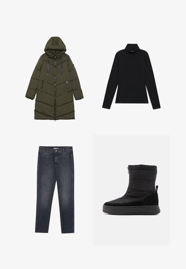 Oliivivihreä puhvitakki hupulla, jossa on vetoketjukiinnitys, sivutaskut, tikattu kuvio ja mustat yksityiskohdat Vetoketjussa ja naruissa.; Mustat pitkät hiharat turtleneck-paidat. Pehmeä kangas, istuva muotoilu, korkea kaulus ja sivusaumat. Yksinkertainen ja monipuolinen tyyli, joka sopii kerroksittain käytettäväksi.; Tummanharmaat farkut, joissa on suora lahje. Varustettu kahdella takataskulla, nappisuljennalla ja vyölenkeillä. Hento haalistumistekstuuri.; Musta vedenpitävä saapas, jossa on pehmustettu yläosa, nahkaa olevat korostukset, kuvioitu kumipohja ja sivussa vetoketju. Pehmeä vuori näkyy ylhäällä.