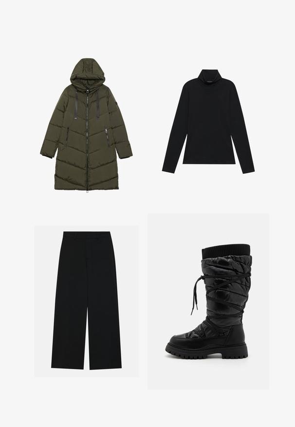 Olijfgroene pufferjas met capuchon, voorzien van een ritssluiting, zijzakken, een doorgestikt patroon en zwarte accenten op de rits en de koorden.; Zwarte langetermijn turtleneck. Zachte stof, getailleerd design, hoge kraag en zijnaad. Eenvoudige en veelzijdige stijl die geschikt is voor het laagjes dragen.; Zwart, wijde broek van een gladde stof. Heeft een plat tailleband met riemlussen en geen zichtbare zakken. Eenvoudig ontwerp.; Zwarte kniehoge laarzen met een gequilt textuur, voorzien van een vetersluiting, een contrasterende geribbelde bovenrand en een dikke, robuuste zool.