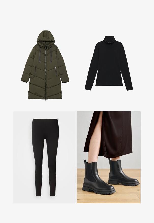 Oliven grøn pufferjakke med hætte, med en lynlåslukning, sidelommer, quiltet mønster og sorte accenter på lynlåsen og snorene.; Sort turtleneck med lange ærmer. Blødt stof, tætsiddende design, høj krave og sidesøm. Simpel og alsidig stil, der er velegnet til lag-på-lag.; Sorte leggings lavet af strækbart stof med en sømløs talje, tætsiddende design og glat tekstur, velegnet til forskellige aktiviteter.; Sorte læderankelstøvler med elastiske sidepaneler, chunky gummisåler og hæltrækstropper; kombineret med en mørkebrun midikjole.