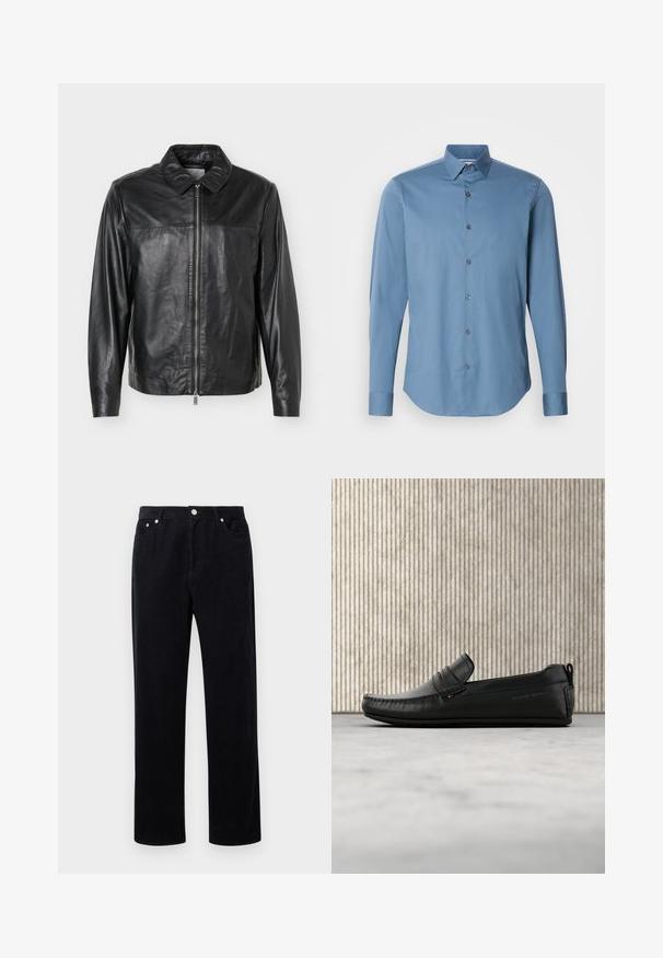Chaqueta de cuero negra con cremallera frontal, mangas largas y cuello clásico, mostrada sobre un fondo claro y sencillo.; Camisa de botones azul claro hecha de una tela suave, con un cuello clásico, mangas largas y un dobladillo redondeado con seis botones en contraste.; Pantalones de pana negra con diseño de pierna recta, que cuentan con un cierre de botón y cremallera, cinco bolsillos y un tejido suave y texturizado.; Zapato mocasín de cuero negro flotando sobre una alfombra beige con una pieza de mobiliario curva color ámbar marrón en el fondo.