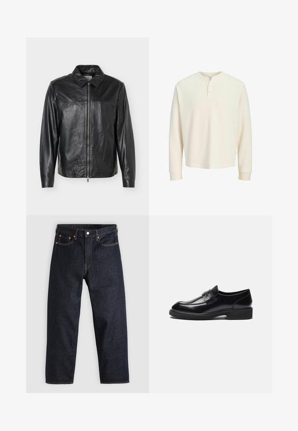 Veste en cuir noir avec fermeture éclair à l'avant, manches longues et col classique, présentée sur un fond clair uni.; T-shirt henley à manches longues côtelé couleur crème avec trois boutons et poignets côtelés, présenté sur un fond blanc uni.; Jean en denim bleu foncé avec une coupe droite, cinq poches, des coutures orange contrastantes et une fermeture à boutons. Pas de motifs ou d'ornements visibles.; Zign LEATHER - Mocassins de ville - black