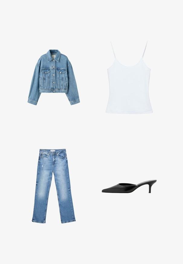 Lichtblauwe cropped spijkerjack met lange mouwen, knoopsluiting, twee borstzakken met klep en een klassieke kraag.; Witte dames-camisole met dunne spaghettibandjes en een aansluitend, eenvoudig ontwerp.; Lichtblauwe denim jeans, recht model, vervaagde gebieden en subtiele slijtage. Voorzien van vijf zakken en een klassieke knoopsluiting.; Zwarte leren mule met een spitse neus, lage, slanke hak en een achterkantloze instapschoen.