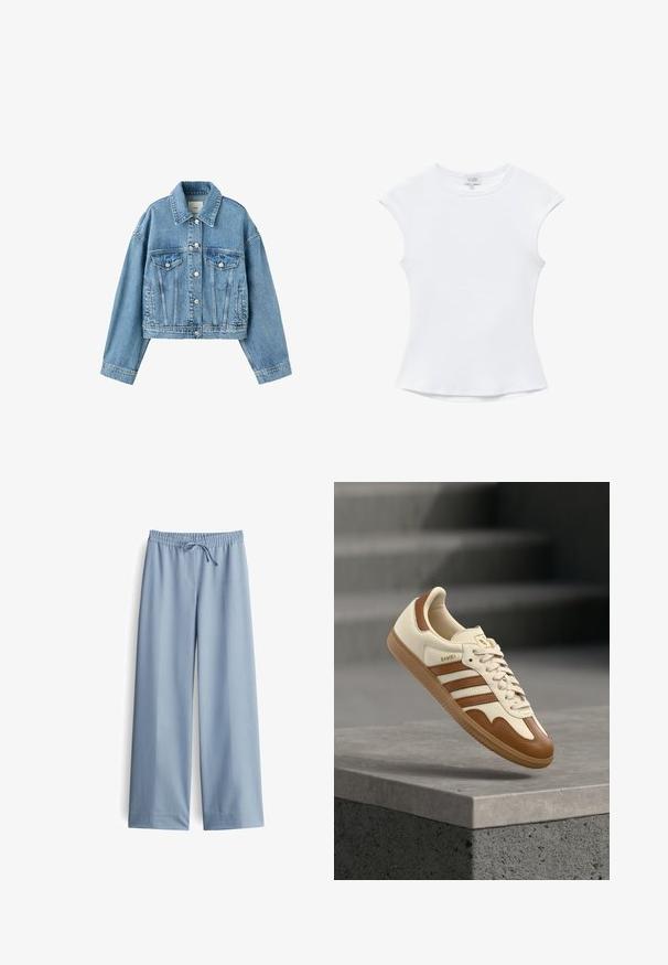 Lichtblauwe cropped spijkerjack met lange mouwen, knoopsluiting, twee borstzakken met klep en een klassieke kraag.; Wit ribgebreid katoenen topje met korte mouwen, ronde hals en licht uitlopende taille, plat neergelegd op een witte achtergrond.; Lichtblauwe wijde broek gemaakt van een gladdige stof, met een elastische tailleband en een trekkoord, zonder zichtbare zakken of extra details.; Klassieke sneaker met een crème kleurige leren bovenkant, bruine accenten, drie strepen en een textuurrijke gumzool. Voorzien van een afgeronde neus en vetersluiting.
