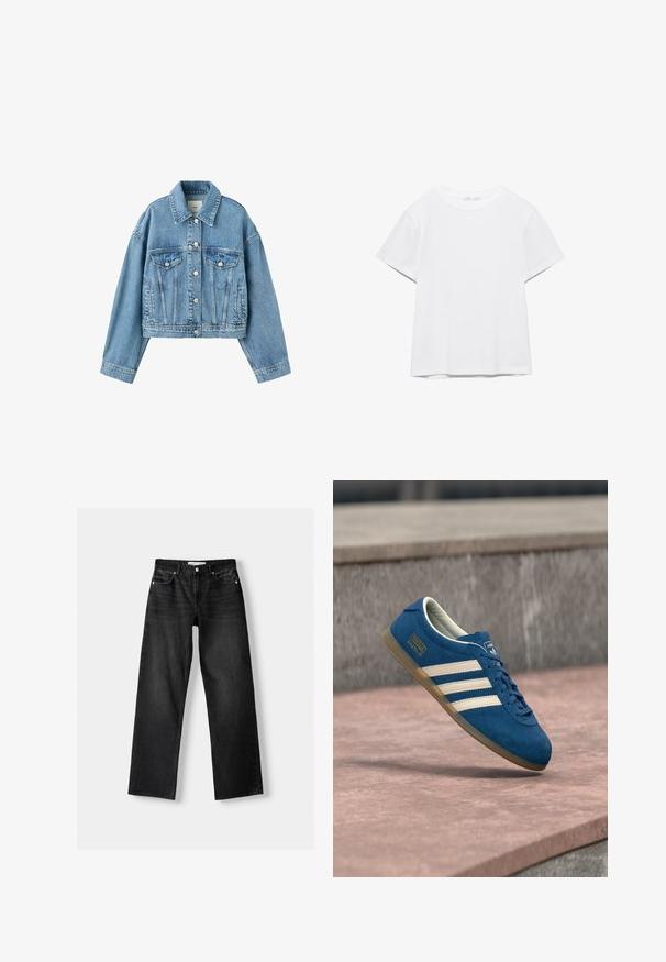 Hellblaue kurze Jeansjacke mit langen Ärmeln, Knopfleiste, zwei Brustklappentaschen und klassischem Kragen.; Unifarbenes weißes T-Shirt mit kurzen Ärmeln und Rundhalsausschnitt, gerader Saum, dargestellt auf weißem Hintergrund.; Bershka Jeans Straight Leg - mottled dark grey; Blaue Wildledersneaker mit cremefarbenen Streifen und Schnürsenkeln, Gummisohle in Karamellfarbe, strukturierte Oberfläche, abgerundete Zehenpartie und Markenlogo an der Seite.