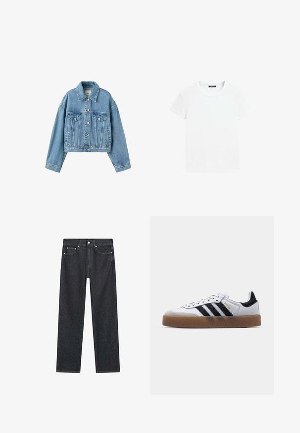 Lyseblå cropped denimjakke med lange ærmer, knaplukning foran, to brystlommer med klap og en klassisk krave.; Hvid t-shirt med korte ærmer og rund halsudskæring, lagt fladt på en hvid baggrund.; Mørkeblå lige ben jeans med fem lommer, metalnitter og en knaplukning i taljen.; Hvide lædersneakers med sorte striber, gummirubber sål, rund tå, snørelukning og blød grå ruskinds tåhætte.