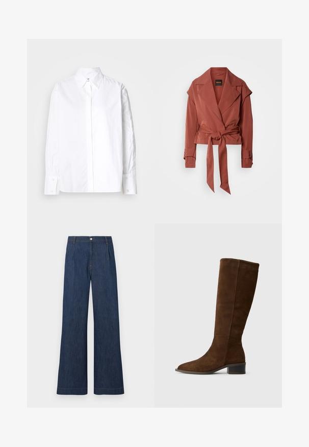 Veste ceinturée couleur rouille avec larges revers, manches longues avec brides aux poignets, et une coupe décontractée accrochée sur un fond blanc.; Chemise blanche à col classique, à manches longues et avec poignets à bouton. Fabriquée en tissu doux, elle présente une patte de boutonnage sur le devant.; Jeans en denim bleu foncé à jambes larges, avec des plis à l'avant, des passants pour ceinture et une fermeture par bouton à la taille.; Botte en daim marron arrivant au genou, avec un bout pointu et un talon bas épais. Texture lisse avec un design épuré et sans matériel proéminent.