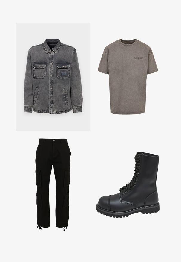 Veste en denim grise délavée avec un devant à boutons, deux poches poitrine et des poches latérales. Dotée d'un patch de marque contrastant sur la poche gauche.; T-shirt gris surdimensionné en coton avec une finition usée. Présente un col rond et un petit logo noir sur la poitrine.; Pantalon cargo noir en coton, doté de multiples poches latérales, d'une fermeture à boutons et d'ourlets réglables avec cordons.; Botte de combat en cuir noir avec un haut tige, fermeture lacée à l'avant, col rembourré et semelle texturée robuste pour une meilleure adhérence. Dotée d'un capuchon de protection renforcé.