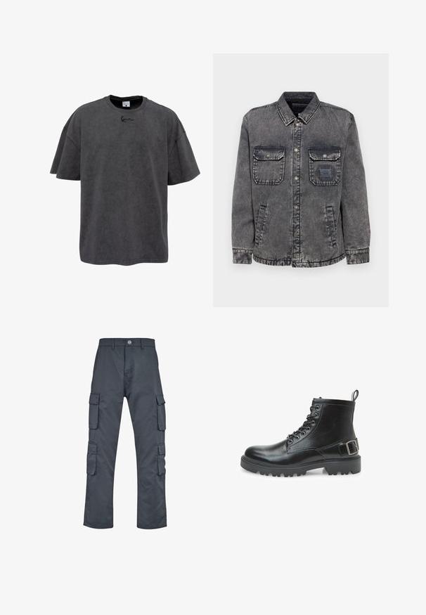 Denim jacket in vervaagd grijs met een knoopsluiting aan de voorkant, twee borstzakken en zijzakken. Bevat een contrasterend label op de linkerkant.; Grijze oversized t-shirt van een katoenmix, met een ronde hals en korte mouwen. Het heeft een subtiele geborduurde logo op de borst.; Donkergrijze cargobroek met een rechte pasvorm, uitgerust met meerdere zijzakken en een sluiting met een knoop aan de voorkant. Gemaakt van stevige stof.; Zwarte leren combatboot met veters, metalen oogjes, robuuste zool, trekband aan de hiel en een decoratieve gesp op de zijkant.
