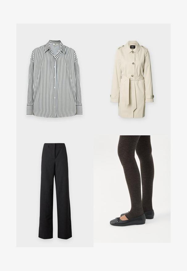 Abrigo tipo trench beige hasta la rodilla con cierre de botones, cinturón de lazo en la cintura, hombreras y correas en los puños, exhibido sobre un fondo liso.; Camisa abotonada a rayas verticales en verde y blanco, con un cuello clásico, mangas largas y un dobladillo recto.; Pantalones de mujer negros de tiro alto y pierna ancha, con cierre frontal oculto y trabillas para cinturón.; Piernas con leggings oscuros acanalados combinados con bailarinas negras que presentan pequeños detalles de lazo sobre un fondo blanco.