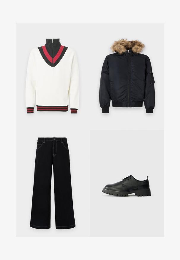 Chaqueta bomber negra con capucha de pelo sintético, cierre de cremallera al frente, puños acanalados y bolsillos laterales. Exterior suave con un brillo sutil.; Jersey blanco con cuello alto, que presenta un diseño en forma de V en negro y rojo en el pecho y puños y dobladillo acanalados en contraste.; Pantalones de mezclilla negros de pierna ancha, con cierre de botón, cinco bolsillos y costuras en contraste de color blanco a lo largo de las costuras.; Zapatos de cuero negro con cordones, punta redondeada, superficie texturizada y suela de goma gruesa con profundos surcos para mejor agarre.